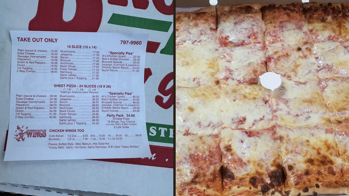 Slices of pizza on a casual restaurant table.