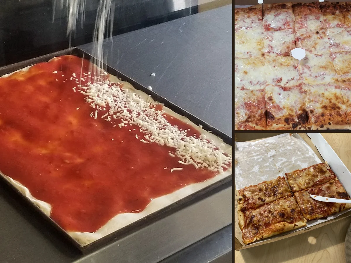 Chicken wings served beside pizza slices.