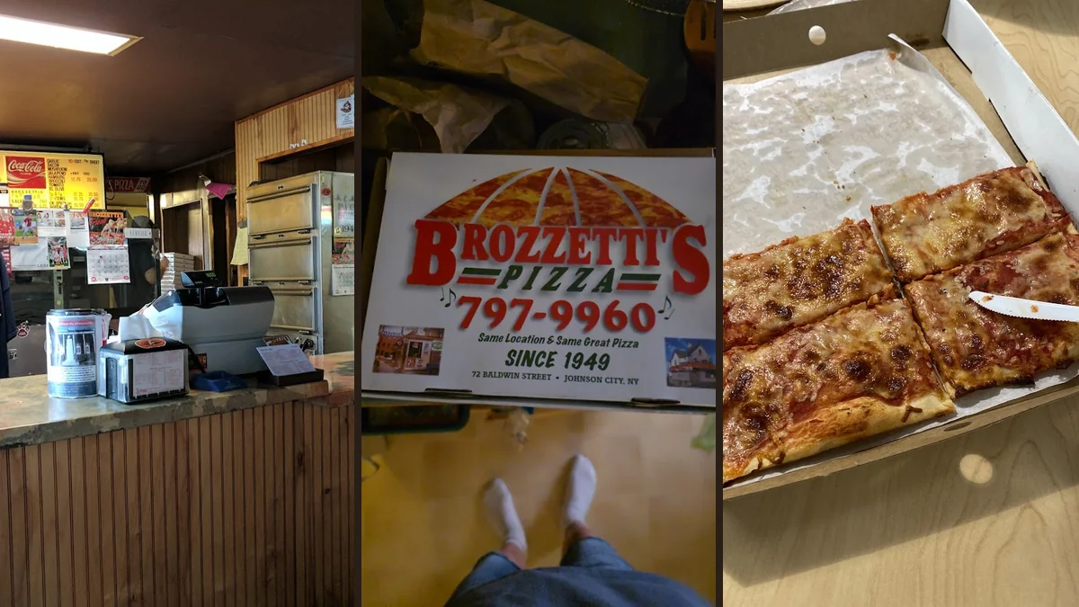 Sheet pizza cut into square pieces.